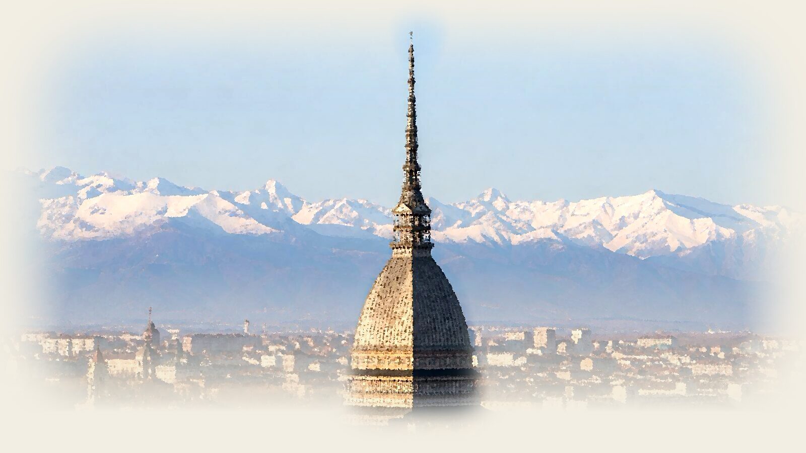 The Mole Antonelliana rising above a soft haze, the snow-capped Alps behind